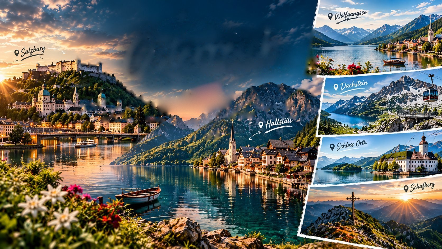 Österreich – Berge, Seen, Natur, Kultur: Salzburg und Hallstatt am See bei Sonnenuntergang, dazu Wolfgangsee, Dachstein, Schloss Orth und Schafberg